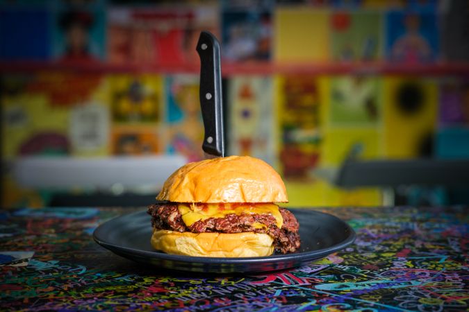 Tasty hamburger served in restaurant