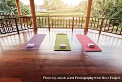 Three colorful yoga mats with a beautiful Bali scene in the background 5ar9o4