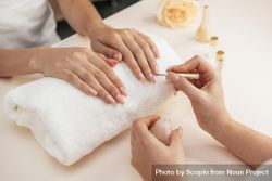 Manicurist applying nail polish to customer's nails bxMPd0