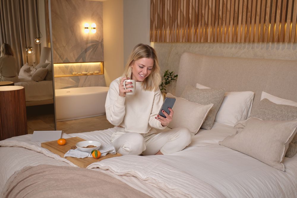 Happy female drinking coffee and browsing smartphone on bed