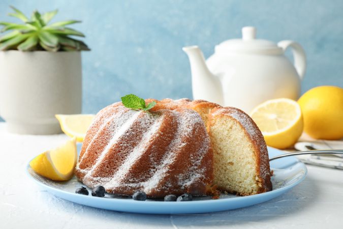 Cake with powder sugar and blueberry on blank background, space for text