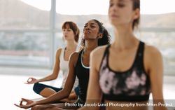 Women meditating in lotus pose at yoga class bYqG2X