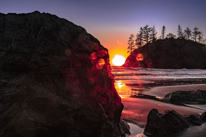 Rocky beach in Northern California at sunset
