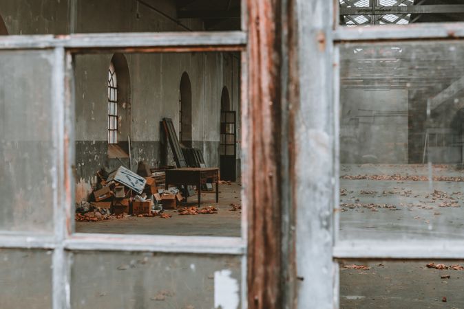 Old broken construction with broken windows and furniture