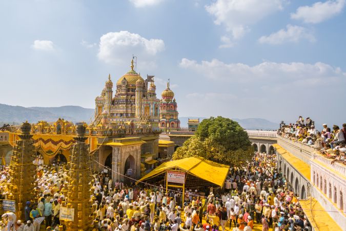 Jejuri, Maharashtra, India - Dec 30, 2024: Palkhi of Lord Khandoba at the famous and beautiful Khandoba temple at Jejuri during the festival of Somvati Amavasya