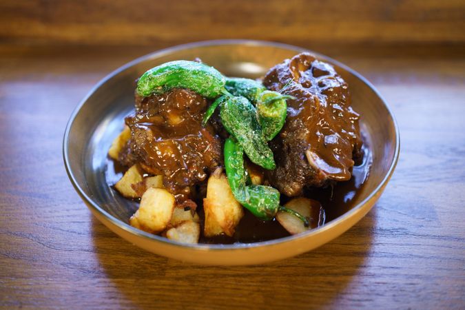 Oxtail, cooked and ready to eat in a Spanish restaurant