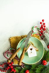 Top view of bird house ornament in green wintry plate with copy space