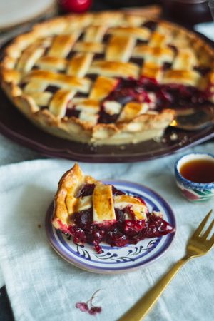 Tasty cherry pie with lattice top