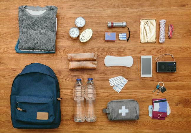Top view of emergency backpack set