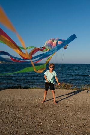 Boy having fun with kite on beach