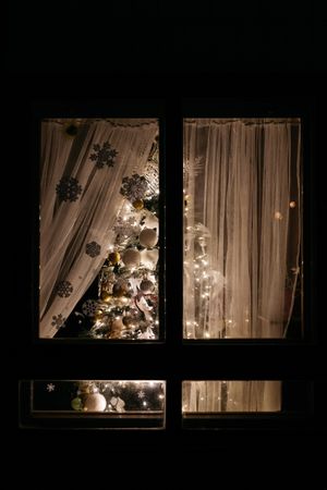 Shiny Christmas tree behind window