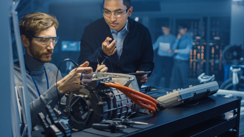 Two Professional Automotive Engineers with a Tablet Computer and Inspection Tools are Having a Conversation While Testing an Electric Engine in a High Tech Laboratory with a Concept Car Chassis.