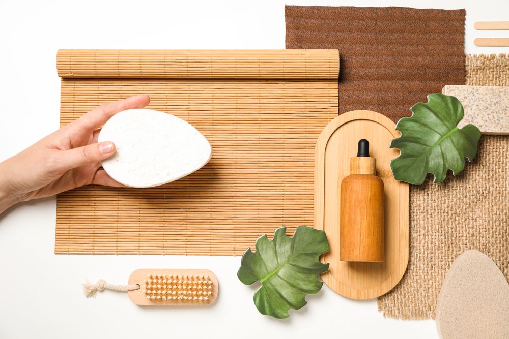 Flat lay of creative moodboard composition, top view