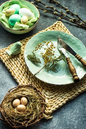 Easter holiday table setting with nest, eggs and spring flowers