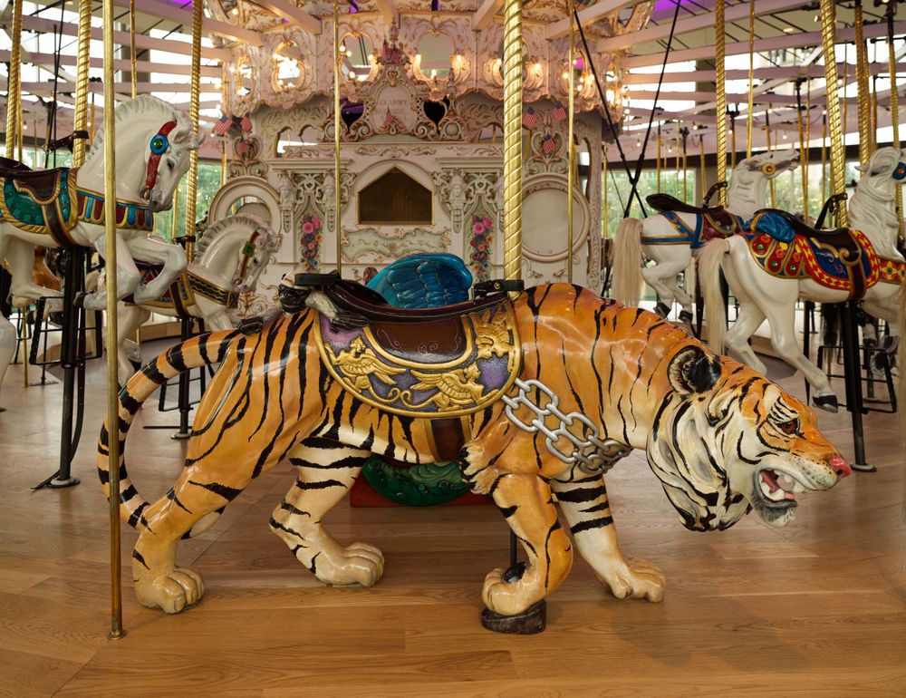 Carved animals on the refurbished Looff Carousel in Riverfront Park, Spokane, Washington
