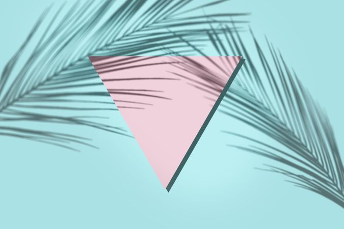 Shadows of tropical leaves on baby blue background with pink triangle card