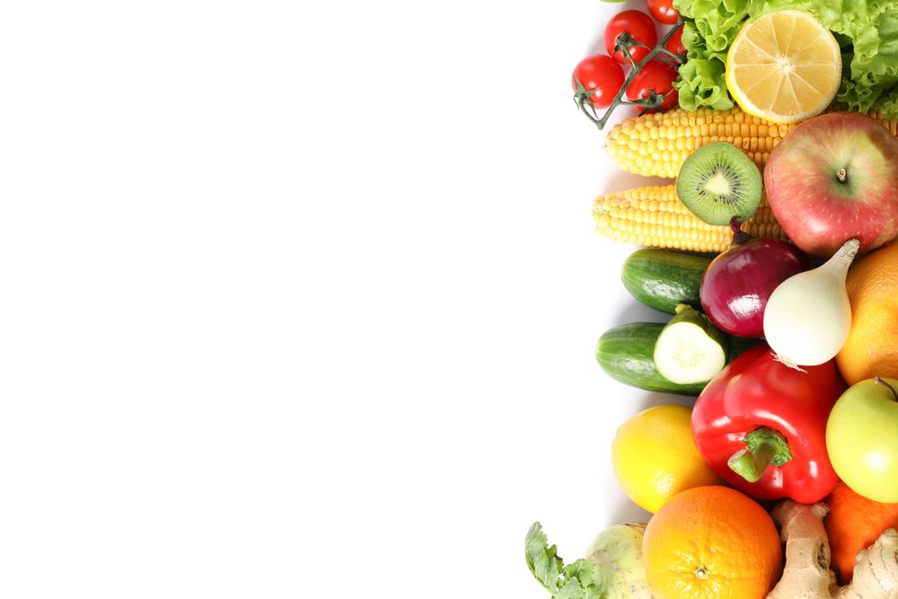 Composition with fresh vegetables and fruits isolated on blank background
