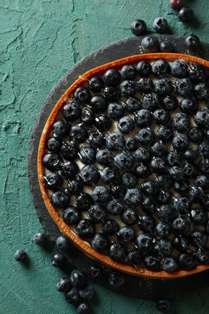 Tray with blueberry pie on green background