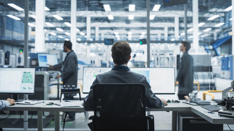 Backview Of Male Industrial Engineer Working on Desktop Computer in Factory Office.