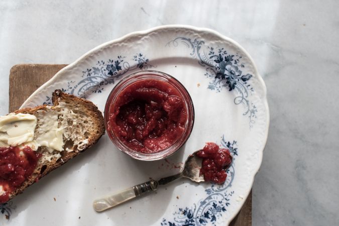 Served breakfast meal with toast and jam