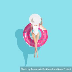 Barbie-like doll in donut ring in pool with blue background 48daj4