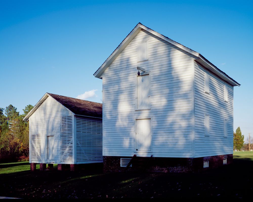 Restored corn crib on the Edwin Holt Plantation in Alamance County, North Carolina