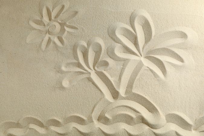 Tropical island drawing on clear sea sand, space for text and top view. Summer vacation background