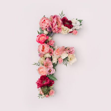 Letter F made of real natural flowers and leaves