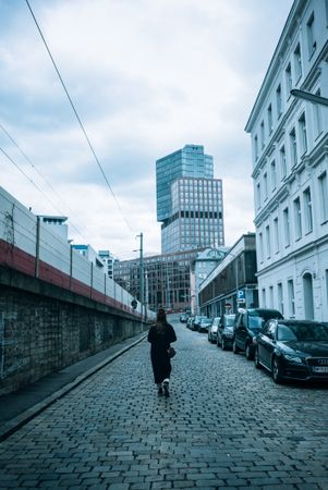 Back of woman walking in quiet street in Vienna
