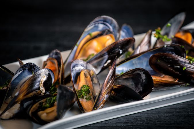 Steamed mussels with Thai sauce in plate