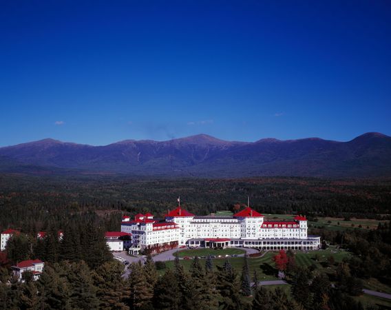 An aerial view of the historic Mount Washington Hotel, Bretton Woods, New Hampshire
