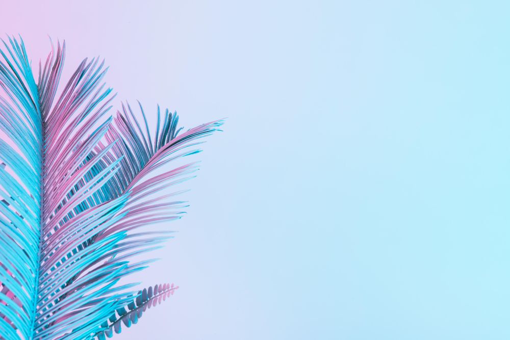 Tropical and palm leaves in vibrant bold gradient holographic colors