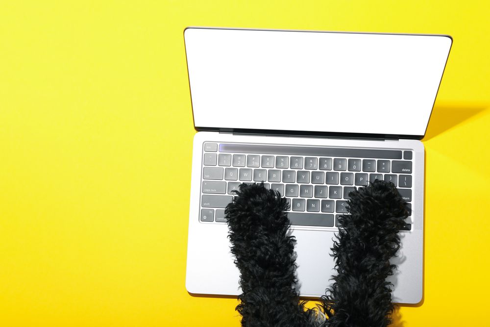 Dog using laptop with mockup screen