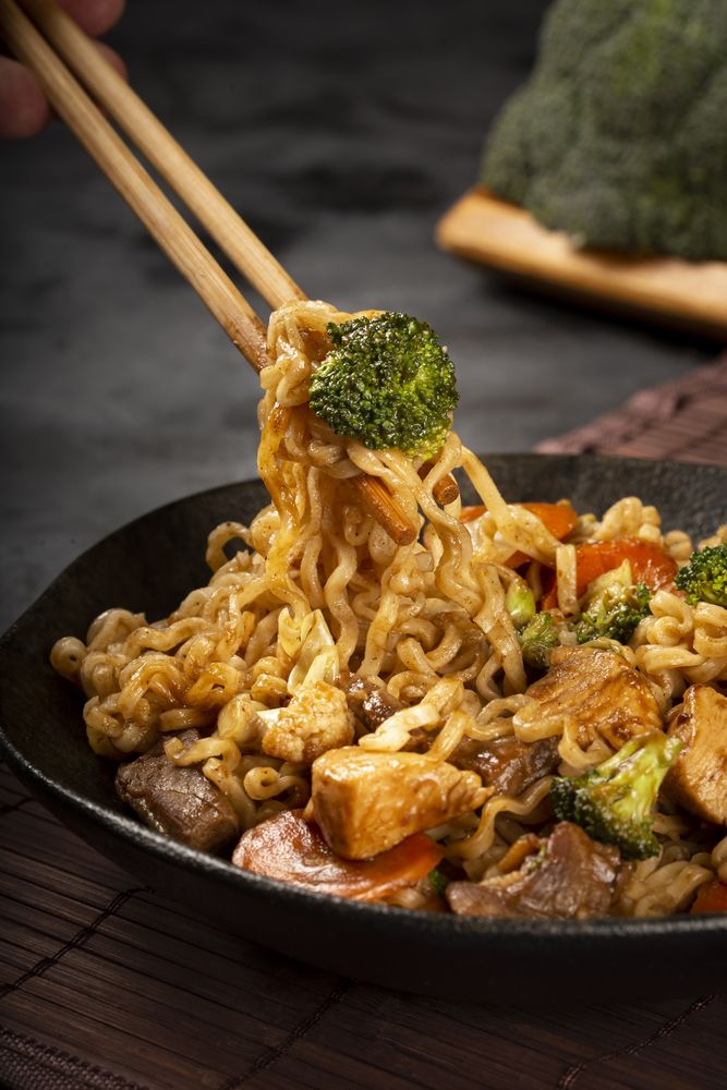 Yakisoba noodles. Yakisoba dish with meat, chicken and vegetables.