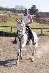 Man in casual riding outfit galloping on horse around paddock