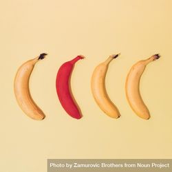 Four bananas against yellow background, one painted in red 5ajaQ4