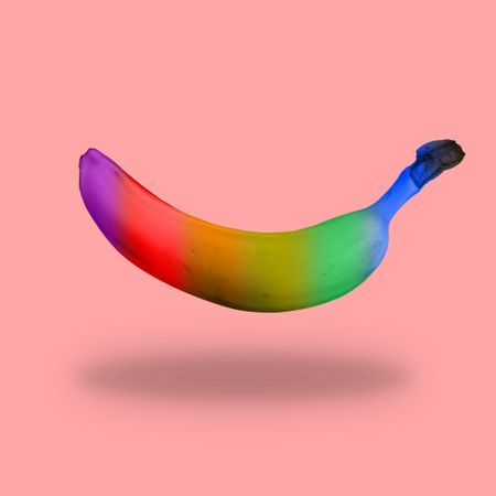 A suspended multicolored banana