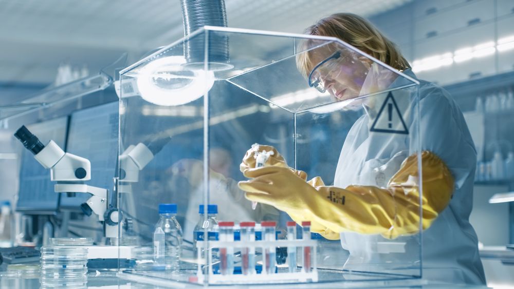 Mature Female Epidemiologist Works with Samples in Isolation Glove Box.