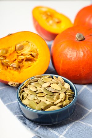 Cooking ingredients for fall season - pumpkin seeds, pumpkin
