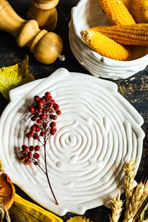 Textured porcelain birds plate with rustic autumnal decor