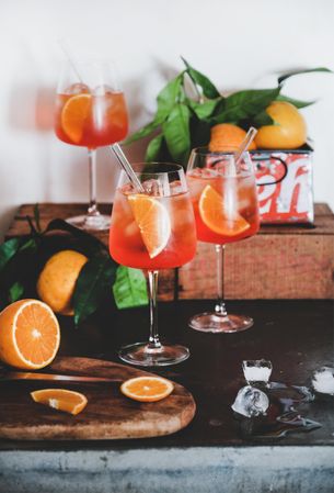 Aperol Spritz aperitif alcohol drink in glasses with orange slices