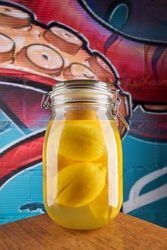 Lemons in jar in cafe