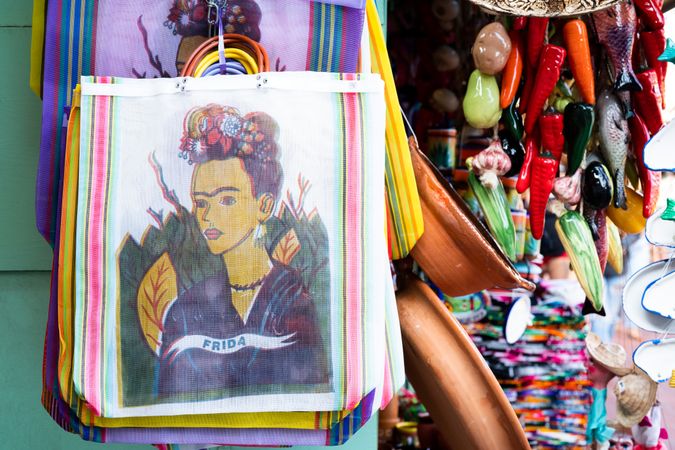 Bags with Frida Kahlo image for sale at market stand