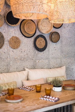 Wicker lamps in street cafe