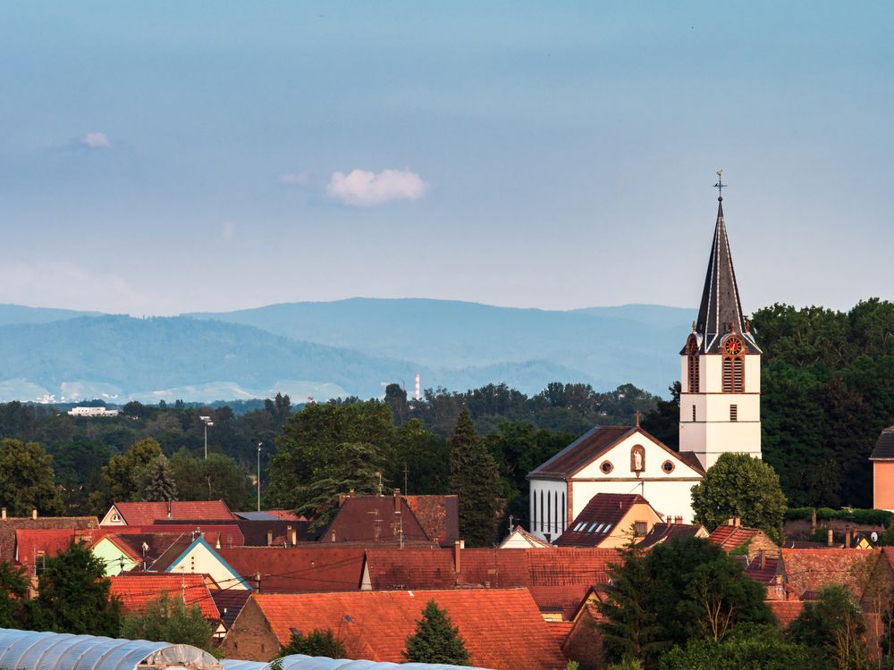 Landscape of Alsace. The Vosges mountains, green meadows