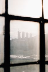 View of city through dirty window