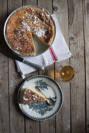 Cottage cheese pudding and glass of cognac
