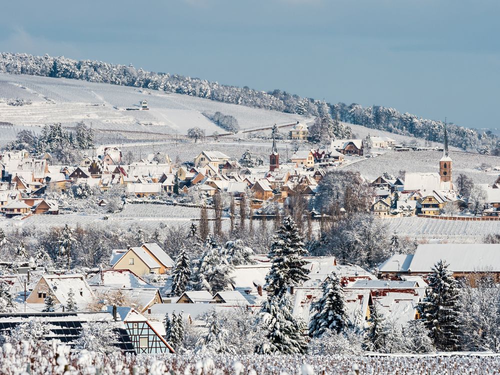 Winter's Tale. Snow-covered clean light landscape of Alsace.