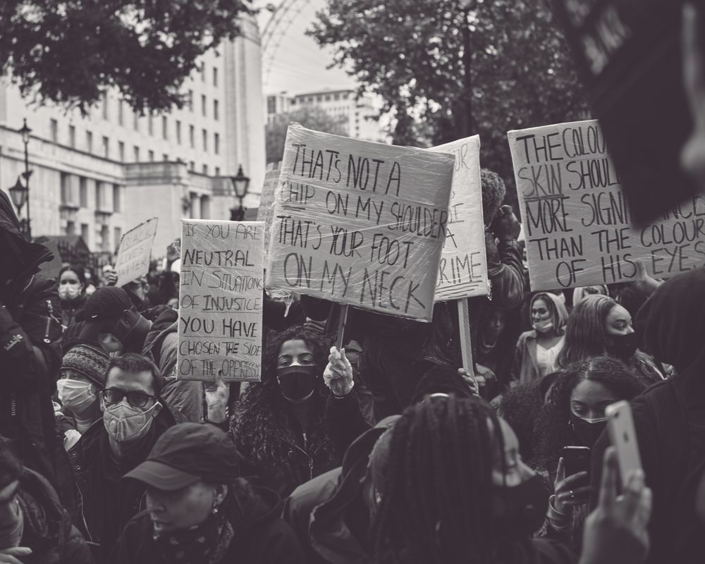 London, England, United Kingdom - June 6th, 2020: Black and white photo of BLM protesters in London