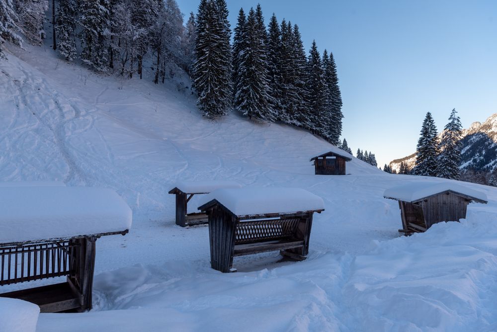 Wooden deer feeders in deep snow in the Bavarian Alps, Germany.